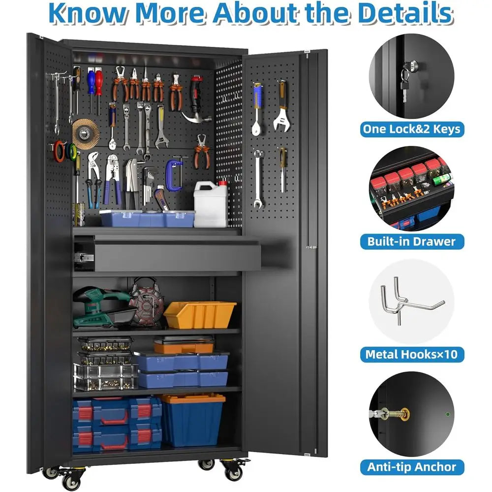 71 Metal Garage Storage Cabinet with 16 Hooks, Pegboards, and Adjustable Shelves, 1 Rolling Tool Cabinet for Garage or Warehouse