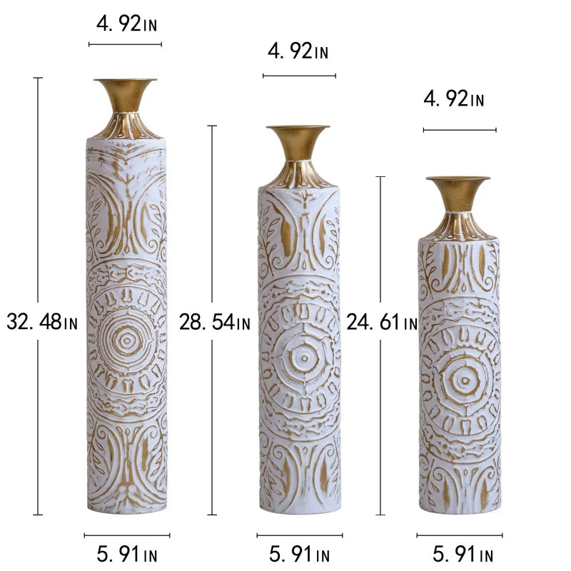 Home Decoration Set 3 White Glazed Metal Floor Vases 24in/28.7in/33.5in Height Elegant Living Room Decor Shipping From USA