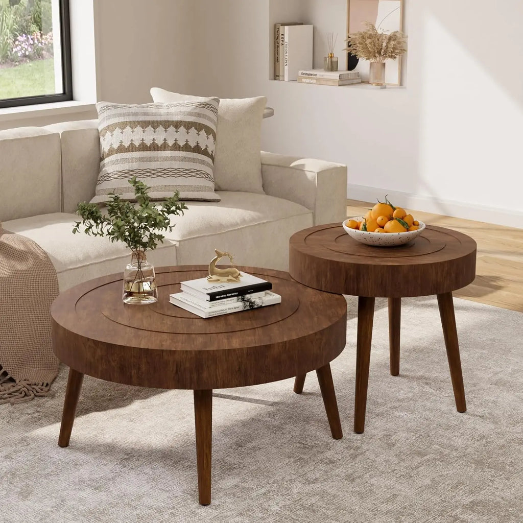 Modern Round Coffee Table & Side Table Set, Faux Marble Wood Top, Walnut & Cream White Legs, Minimalist Living Room,Customized