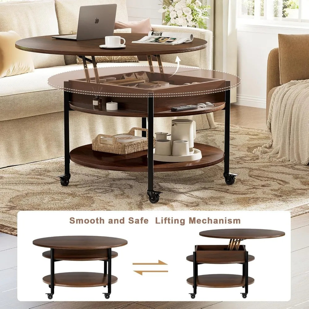 Round Lift Top Coffee Table with Wheels, Circle Center Table with Storage and Compartment, 26.77’’ Rolling Coffee Table