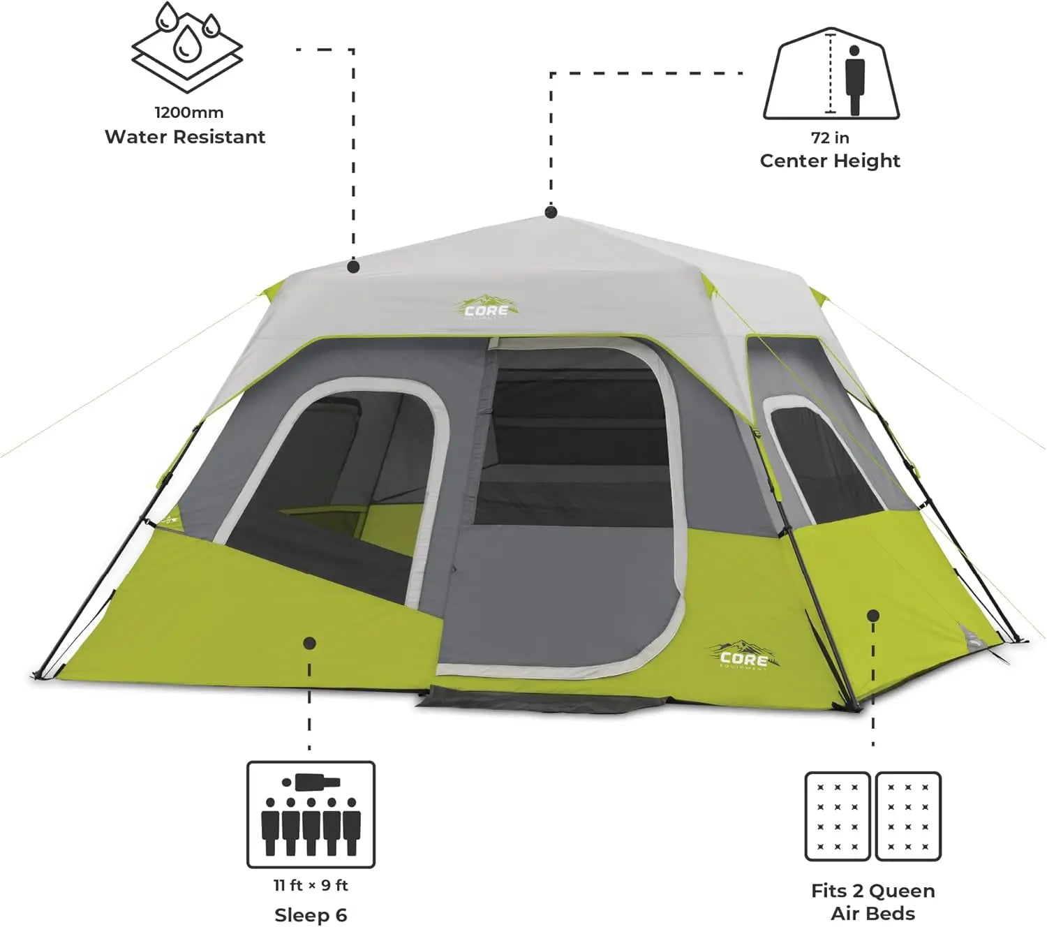 Instant Pop-Up Cabin Tents for 6-12 People, Family Camping with Storage Pockets and Multi-Room Design