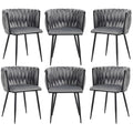 Velvet Upholstered Dining Chairs Set of 6 Woven Kitchen Leisure Armchair Modern Accent Powder-Coated Black Legs Grey, Customized