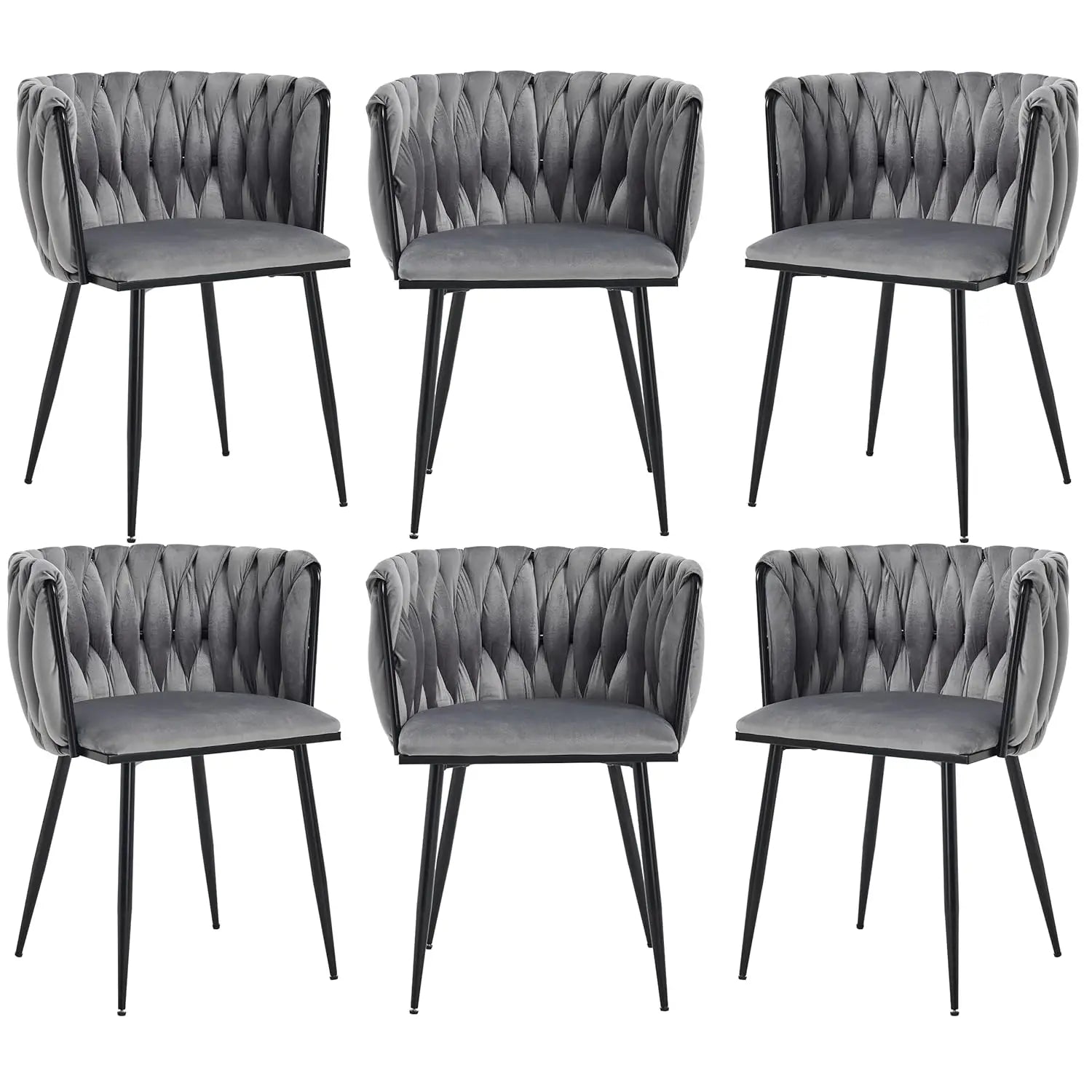 Velvet Upholstered Dining Chairs Set of 6 Woven Kitchen Leisure Armchair Modern Accent Powder-Coated Black Legs Grey, Customized