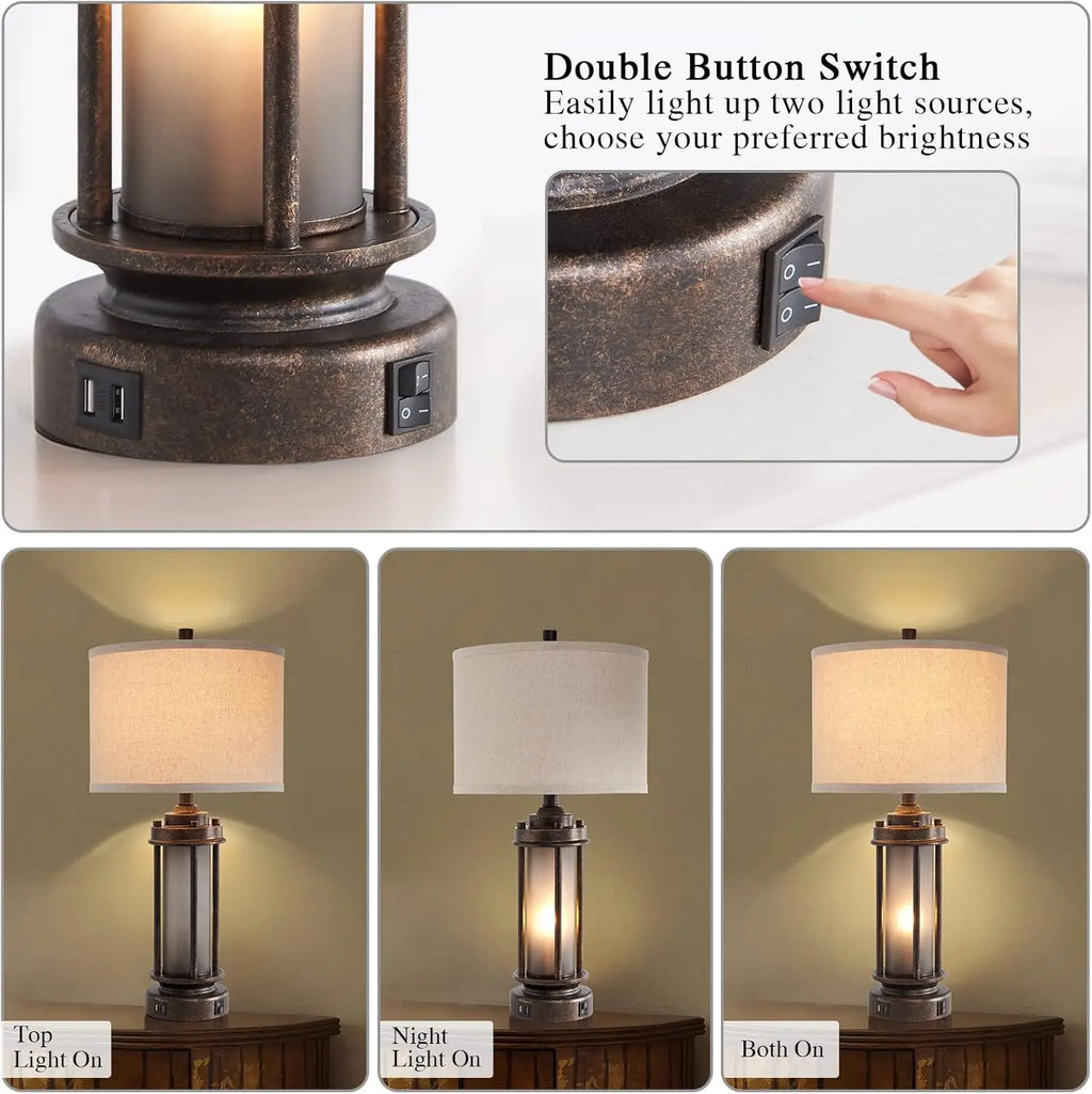 Set of 2 Rustic Farmhouse Table Lamps with USB Charging Ports, Night Light, and 4 Bulbs Included