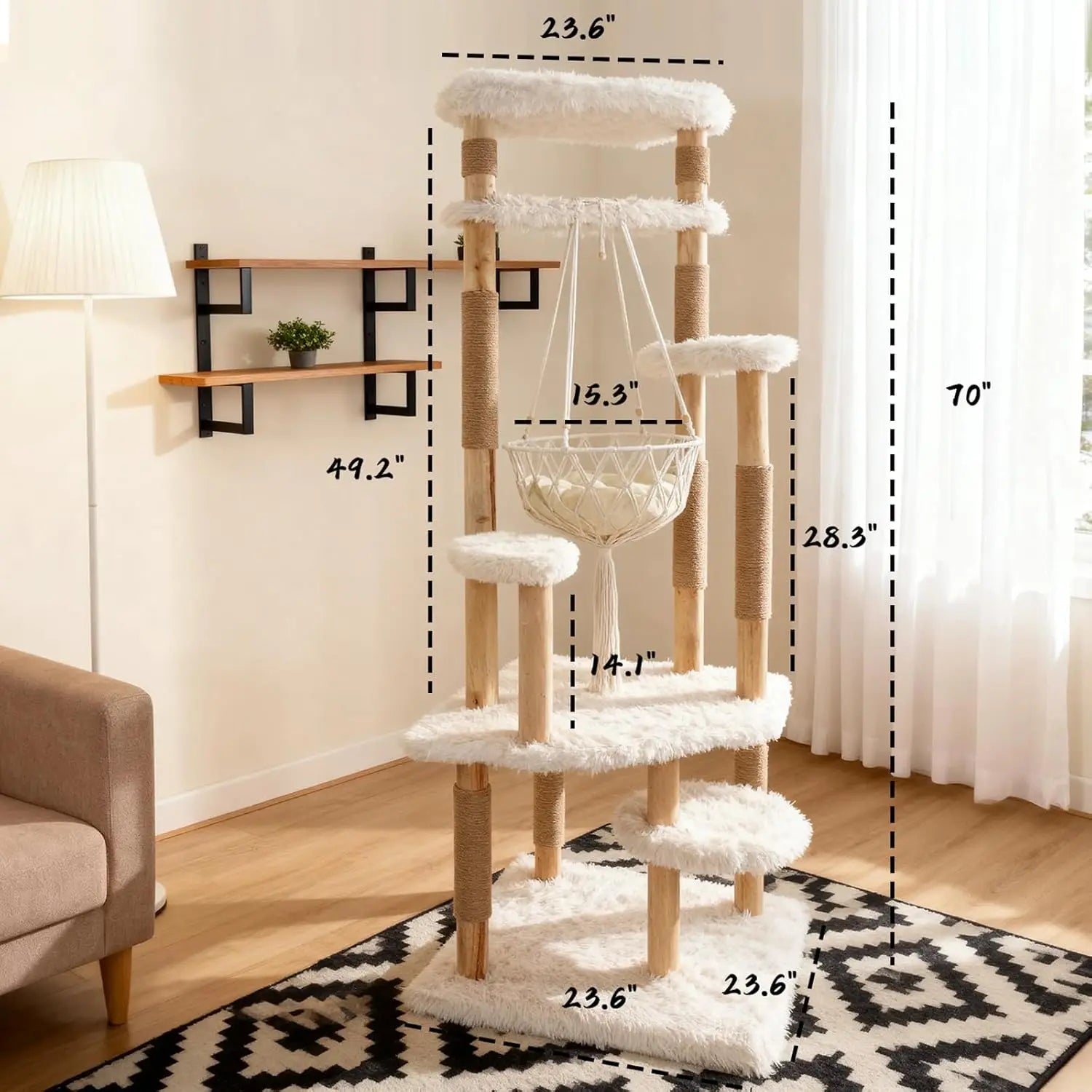 Modern Multi-Level Cat Tree Tower for Indoor Cats, 70" Tall Natural Solid Wooden Cat Tower with Sisal Scratching, Customized