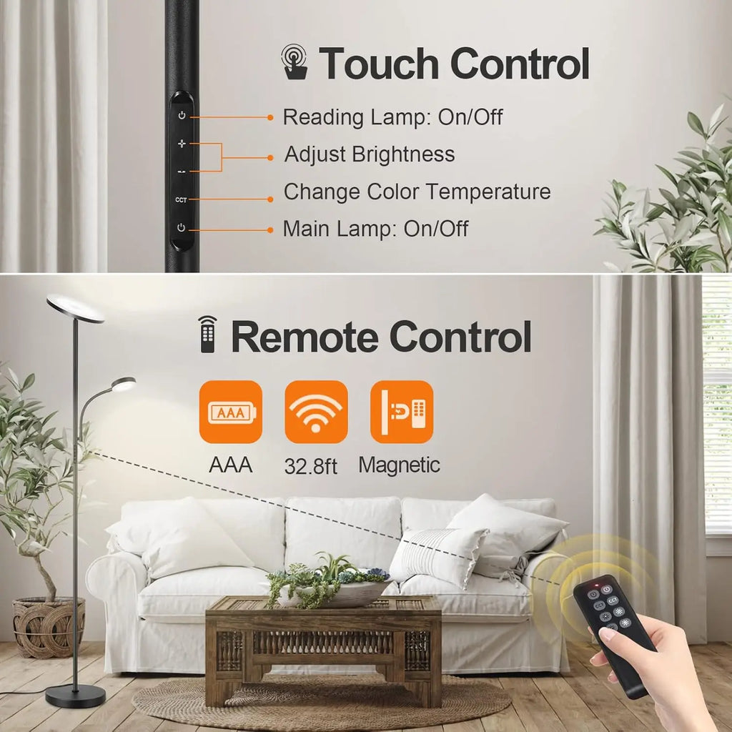 Modern LED Floor Lamp with Remote Control, Dimmable Brightness, 4 Color Temperatures for Living Room Bedroom Office