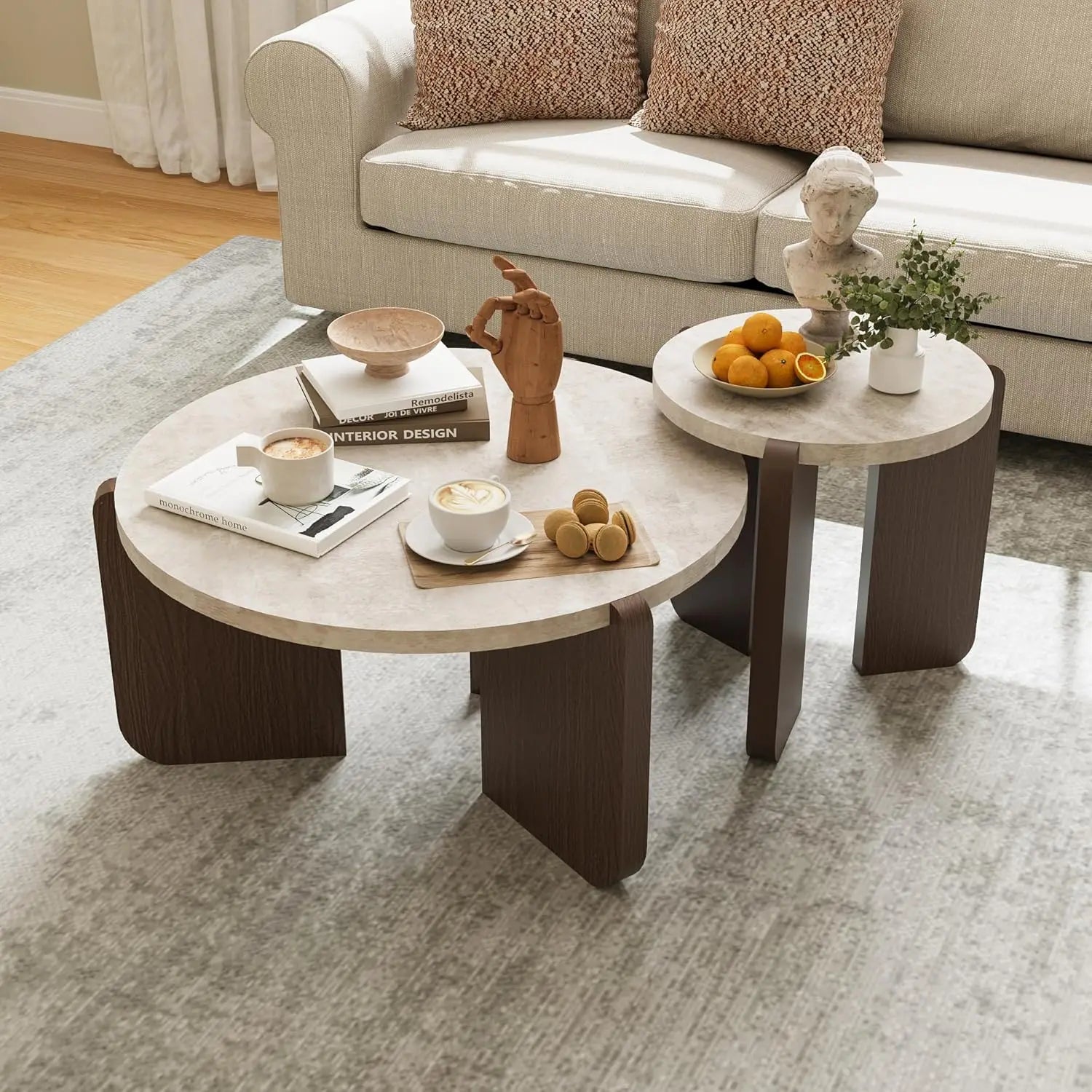 Modern Round Coffee Table & Side Table Set, Faux Marble Wood Top, Walnut & Cream White Legs, Minimalist Living Room,Customized