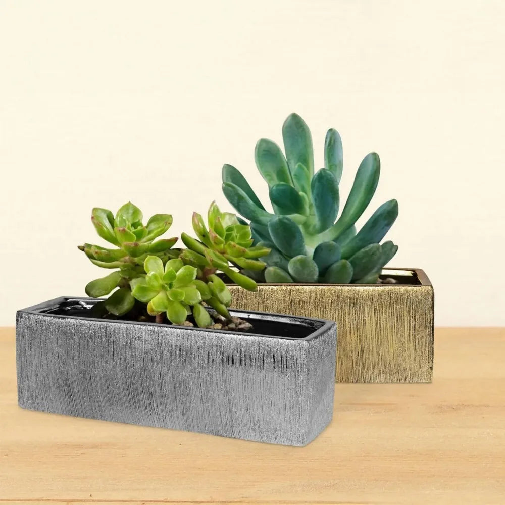 Long Rectangular Silver Etched Ceramic Planter Vase for Flower Arrangements, 12 x 4 x 4, Block Style Terrarium Box Pot, Suitable