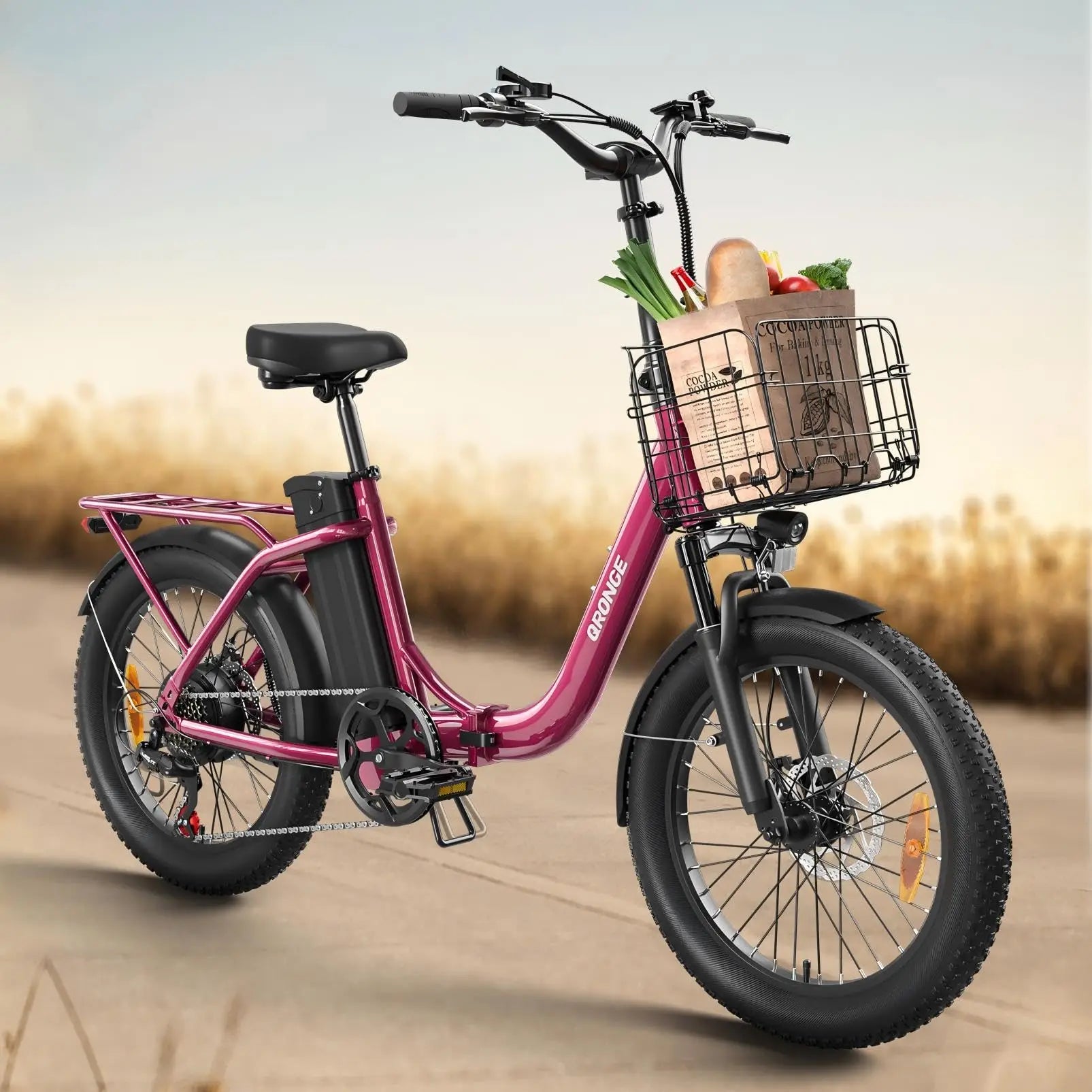 QRONGE Mirage Electric Bike 1000W Peak Folding E-bike 486Wh 70 Miles Range 7 Speed 25 MPH Max Electric Bicycle With Front Basket