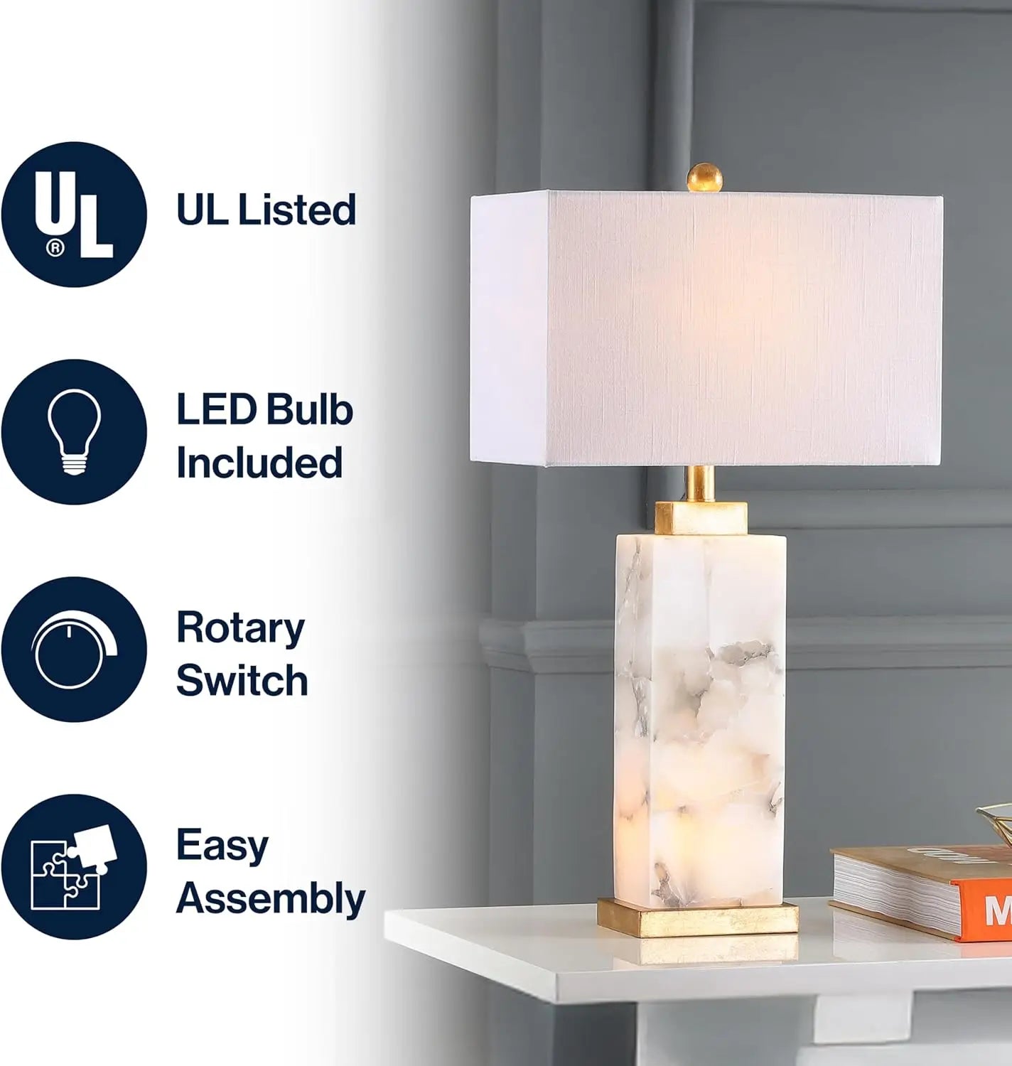 27.5" Alabaster LED Table Lamp with Gold Leaf, Coastal Contemporary Design for Bedroom Living Room Office