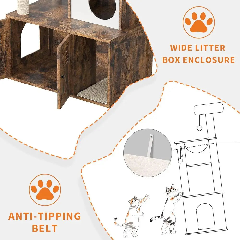 Litter Box Enclosure with Tree Tower and Condo, Wooden Cat Tower with Scratching Posts, Cat Hammock, Hidden Litter Box Furniture