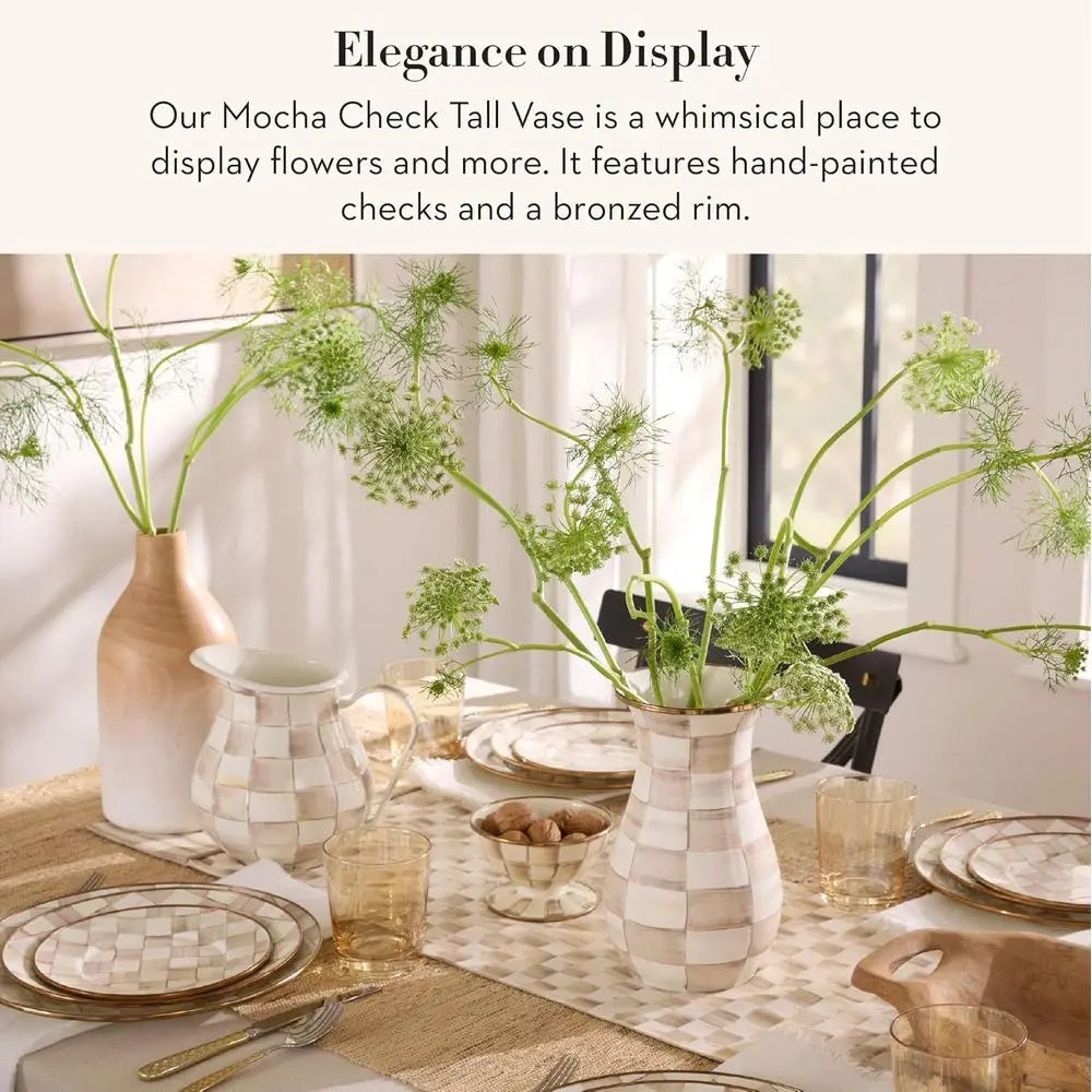 Elegant Steel Checkered Flower Vase, Brown and White Mocha Pattern, 6x6x12 Inches