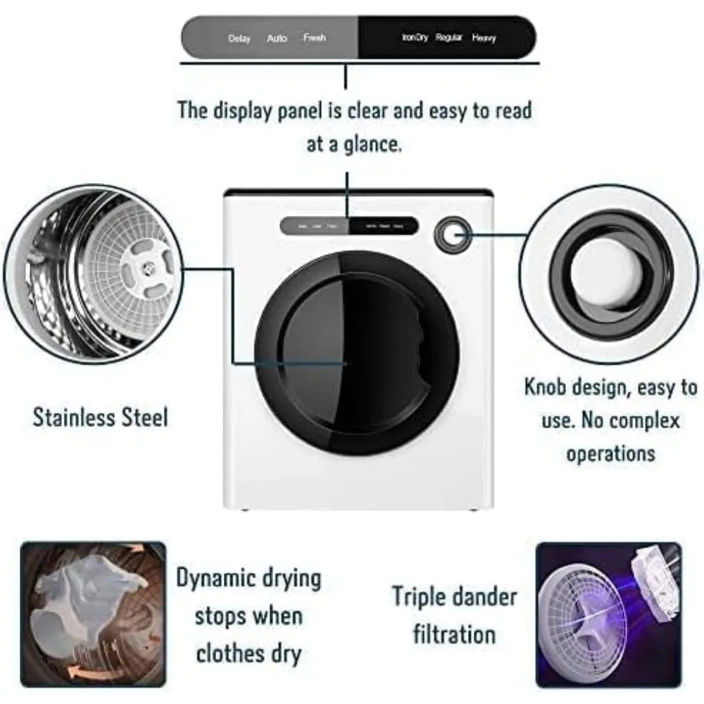 9-pound front mounted stainless steel washing machine with exhaust pipe and control panel, suitable forapartments and households