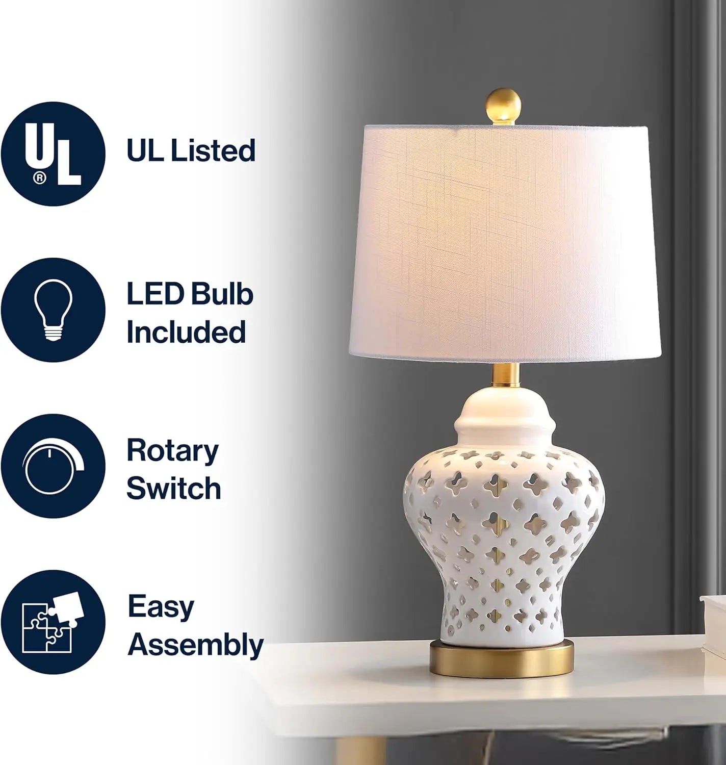 White Porcelain LED Table Lamp with Quatrefoil Design, 20.5" Height for Bedroom Desk Nightstand