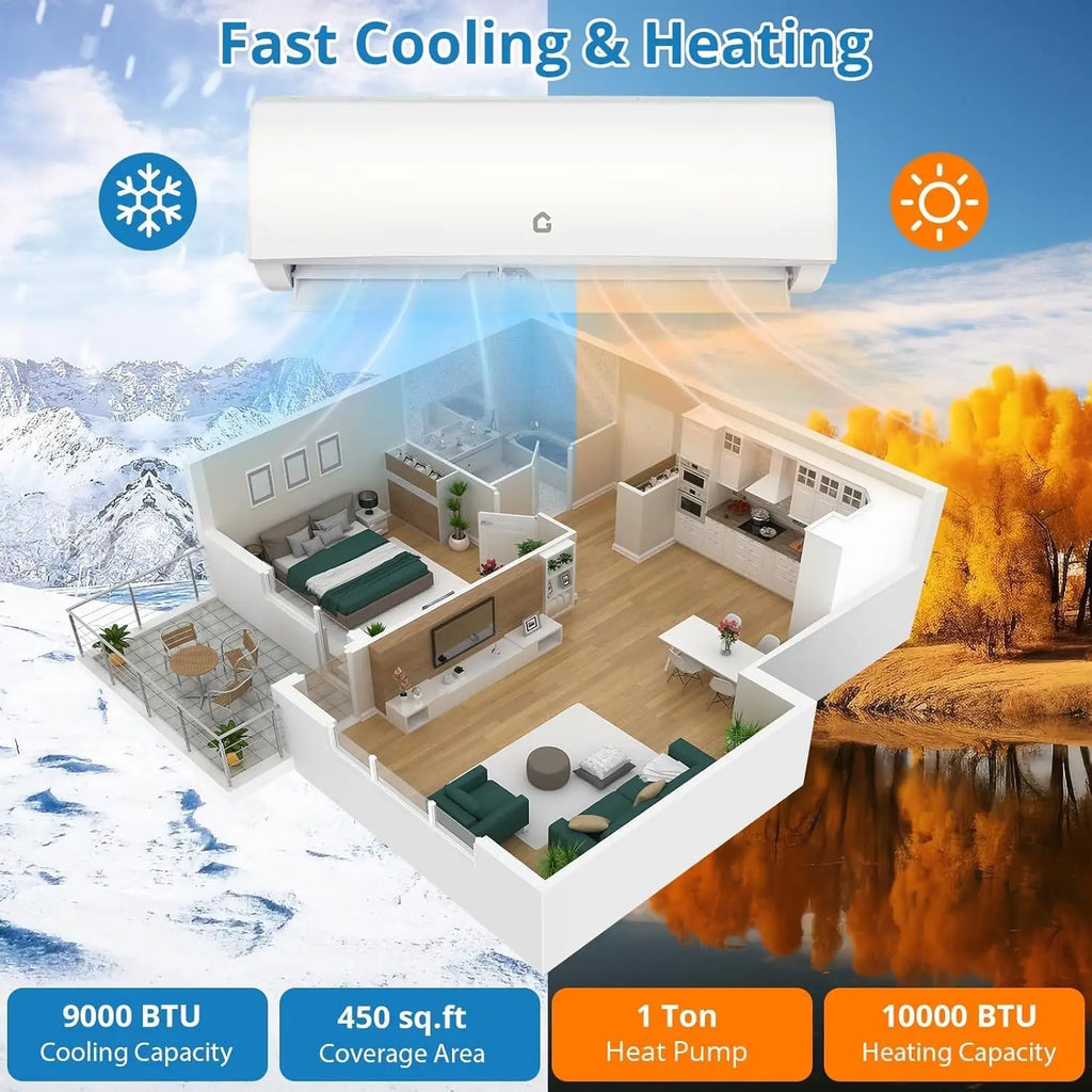 9000 BTU WiFi Mini Split AC & Heat Pump System, 20 SEER2 208-230V Ductless Air Conditioner for up to 450 Sq.Ft, Alexa Compatible