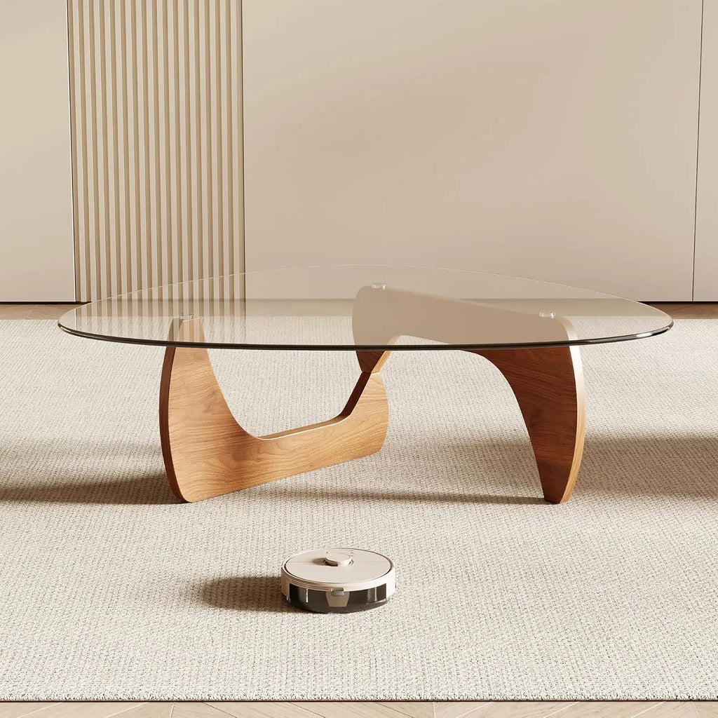 Morden Coffee Table, 42.5" x 28.5" x 16.1" Triangle Tempered Glass Top for Living Room, Color: Natural Wood