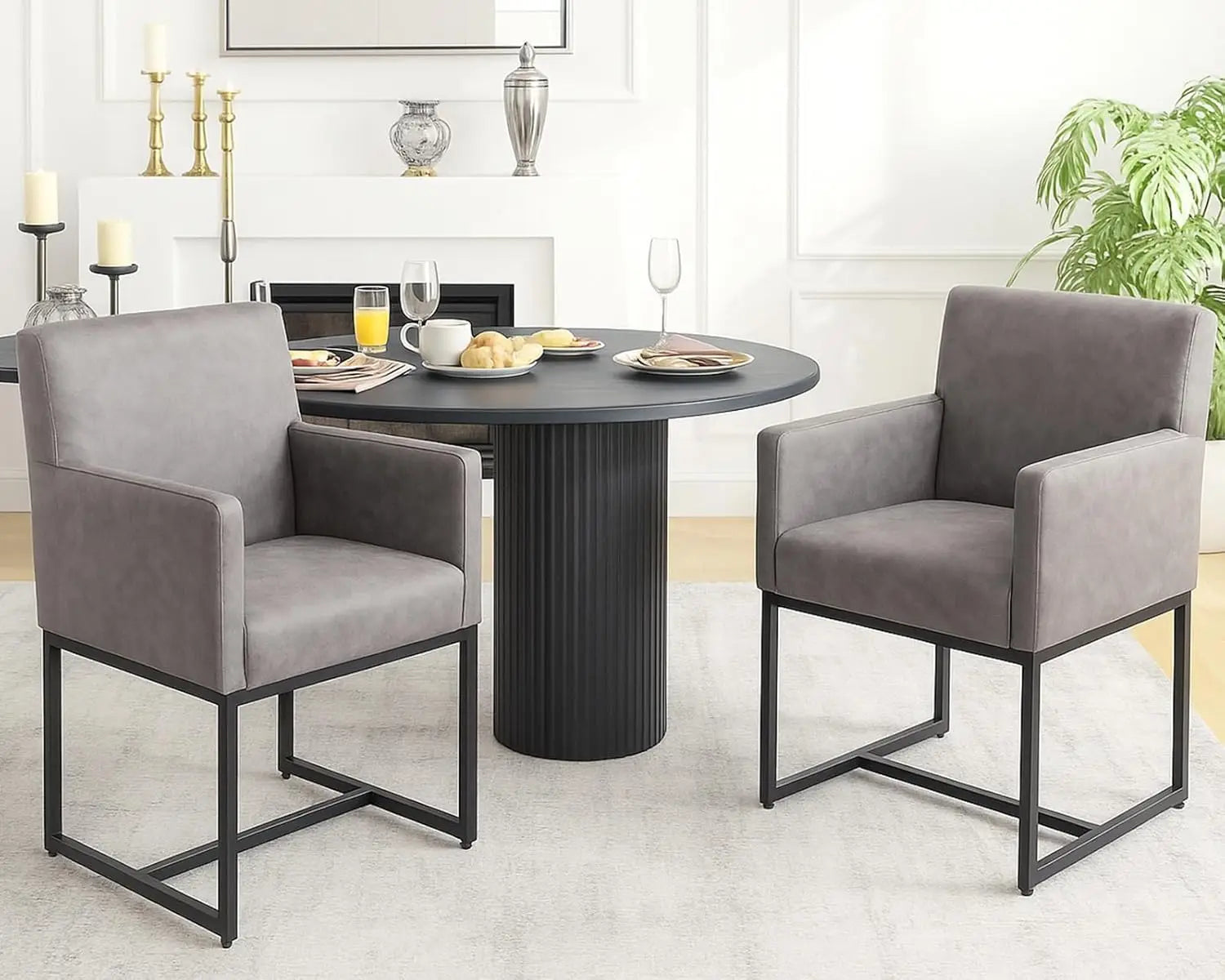 Mid Century Modern Upholstered Dining Chairs with Arms Set of 2, Linen Accent Black Finish Metal Frame, 19'' Wide Arm for Living