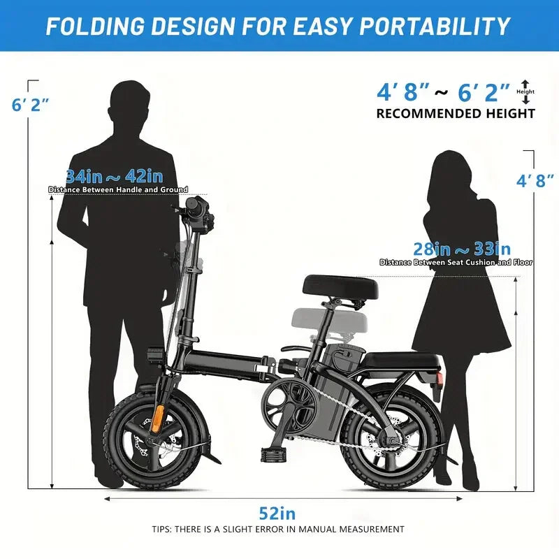 14" Folding Electric Motorcycles Mountain E Bike for Adults, 400W Peak Motor Ebike 19.5Mph 19Miles 48V 10.3AH Electric Bicycle