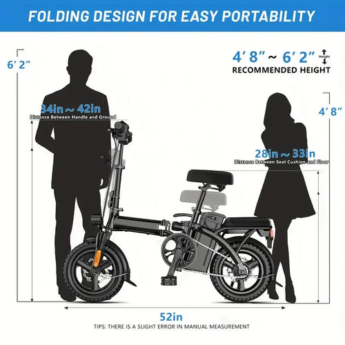 14" Folding Electric Motorcycles Mountain E Bike for Adults, 400W Peak Motor Ebike 19.5Mph 19Miles 48V 10.3AH Electric Bicycle