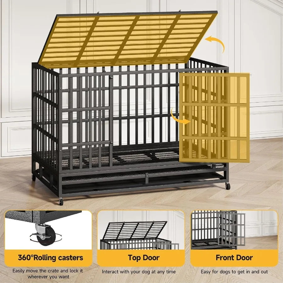 48/42/38 Inch Heavy Duty Indestructible XL Dog Crate Steel Escape Proof Indoor Double Door High Anxiety Cage with Wheels Remova