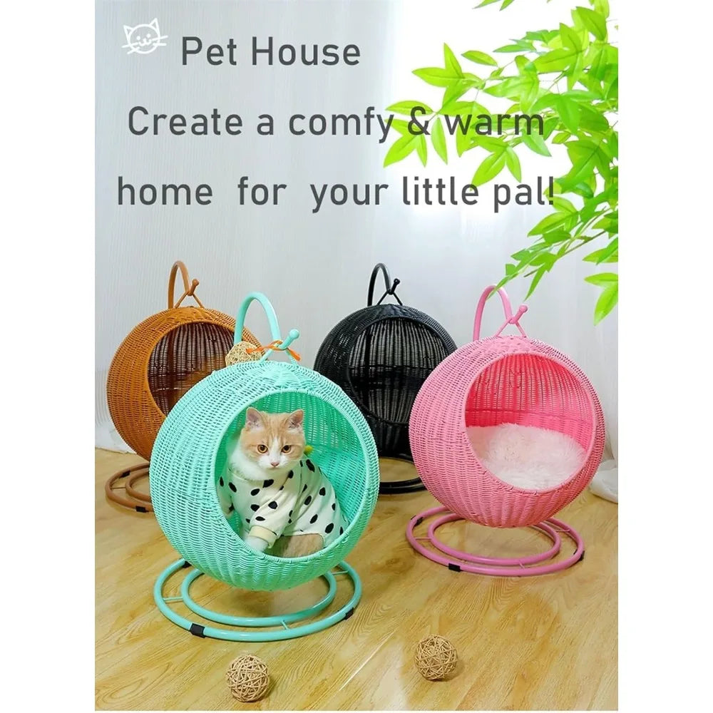 Handwoven Hanging Cat Hammock with Removable Cushion for Patio, Outdoor Pet Cat Bedding, Hanging Kitten Bed Green