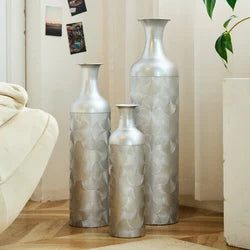 Large Size Modern Set Of 3 Silver Metal Floor Vases Tall Cylinder Wave Pattern Home Decor For Living Room Shipping From The USA