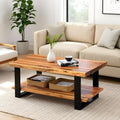 Rustic Industrial Style 42 Live Edge Acacia Wood Coffee Table with Lower Shelf Storage