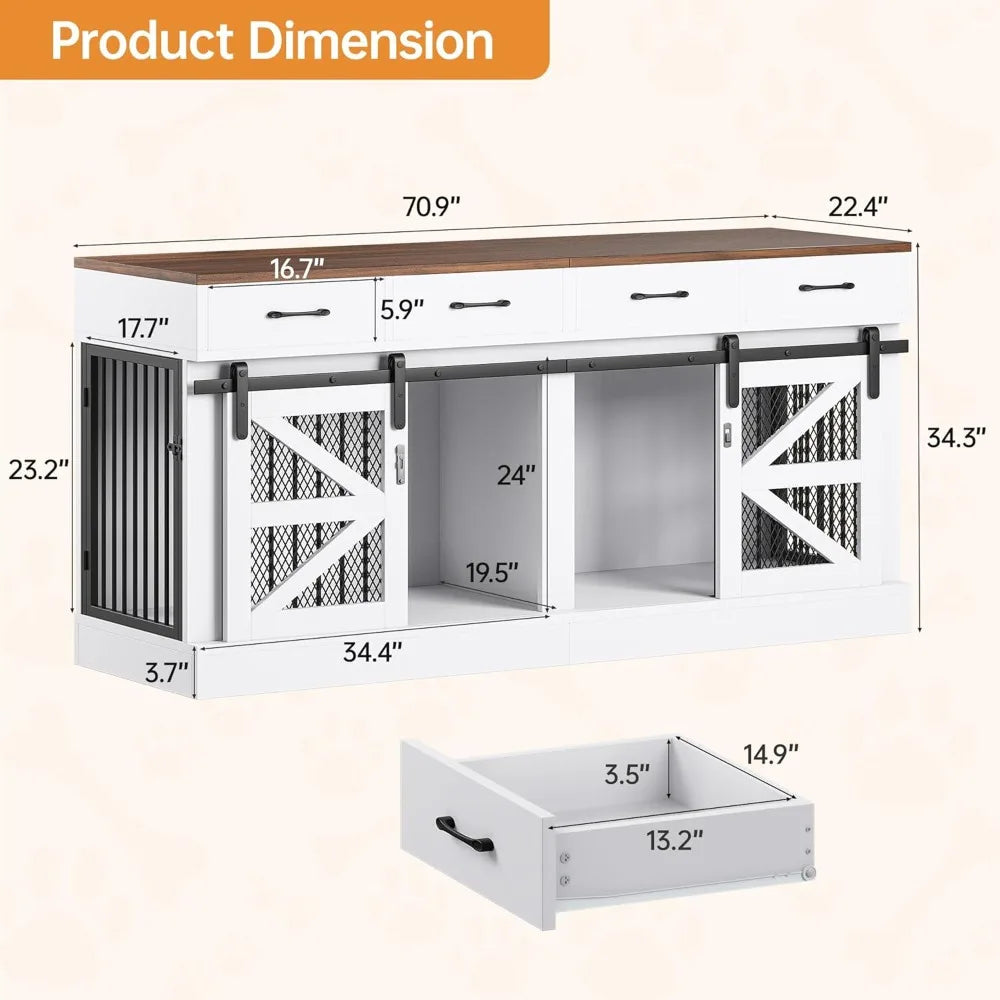 Large Dog Crate Furniture for 2 Dogs, 71 Dog Kennel Indoor with Removable Divider and 4 Storage Drawers, Sturdy Wooden