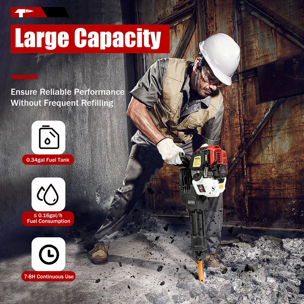 52CC 2-Stroke 1900W Gasoline Demolition Jack Hammer 20-55J Impact Concrete Breaker Rock Drill with Point Flat Chisel