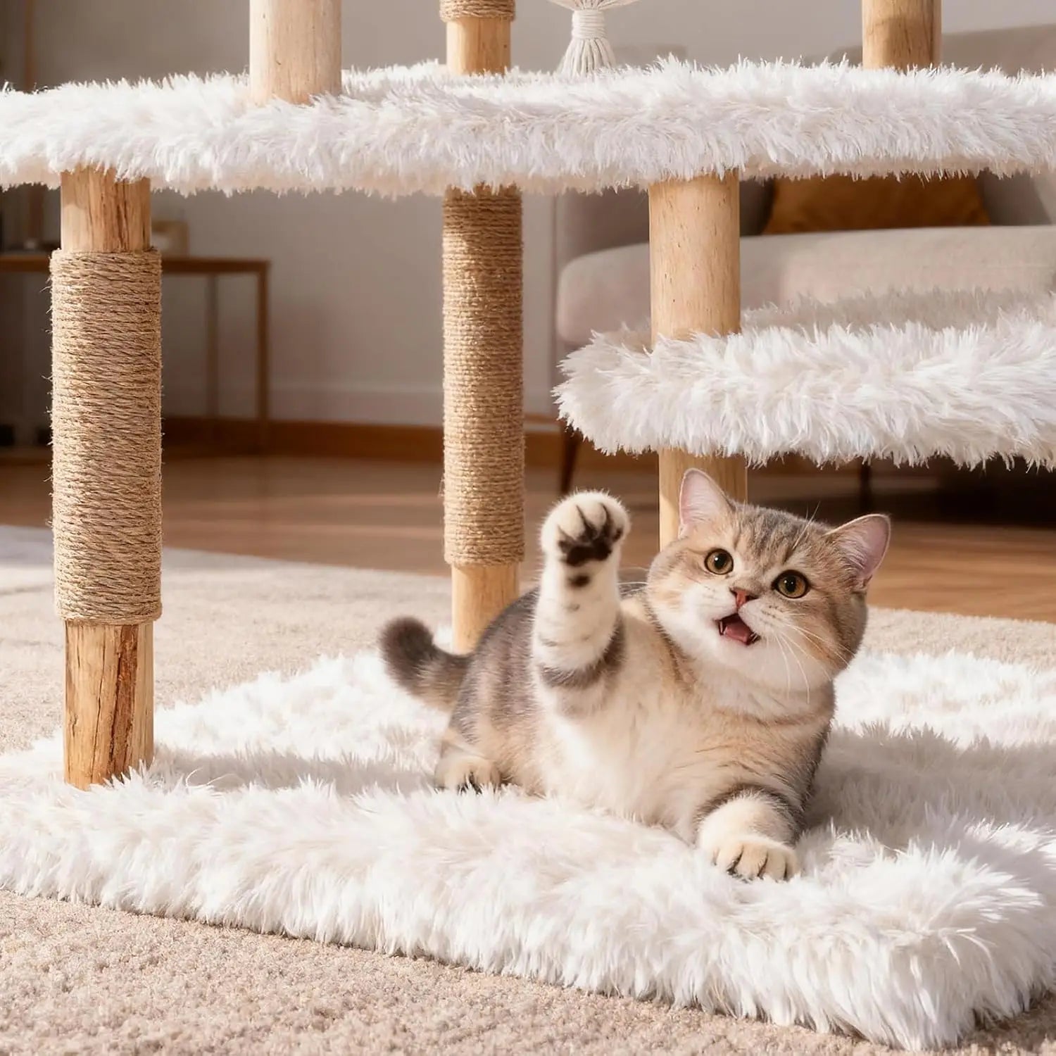 Modern Multi-Level Cat Tree Tower for Indoor Cats, 70" Tall Natural Solid Wooden Cat Tower with Sisal Scratching, Customized