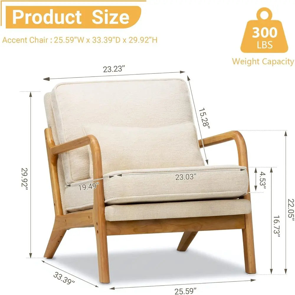 Modern Accent Chair Mid Century Wooden Upholstered Armchair with Lumbar Pillow & Removable Soft Cushion, Reading Chair for Livin