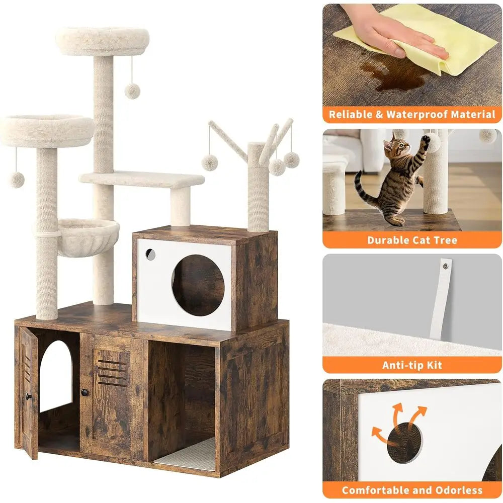 Litter Box Enclosure with Tree Tower and Condo, Wooden Cat Tower with Scratching Posts, Cat Hammock, Hidden Litter Box Furniture
