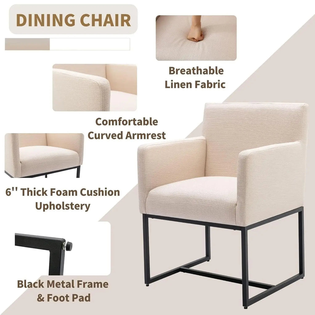 Mid Century Modern Upholstered Dining Chairs with Arms Set of 2, Linen Accent Black Finish Metal Frame, 19'' Wide Arm for Living