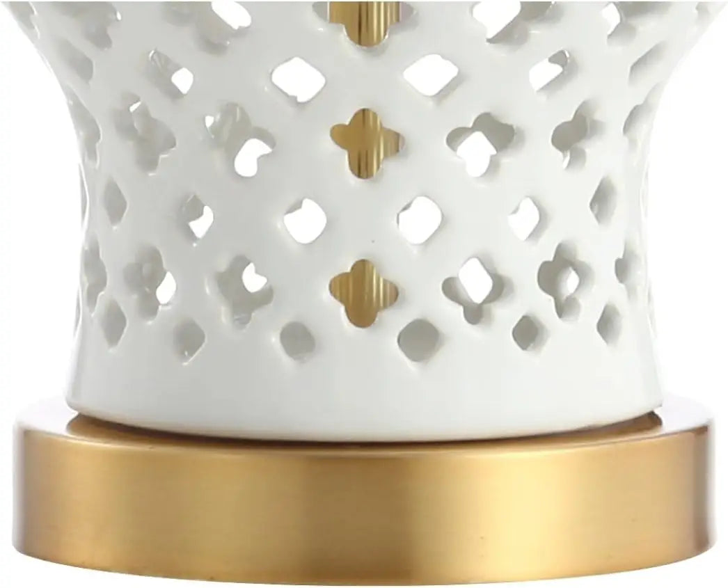 White Porcelain LED Table Lamp with Quatrefoil Design, 20.5" Height for Bedroom Desk Nightstand