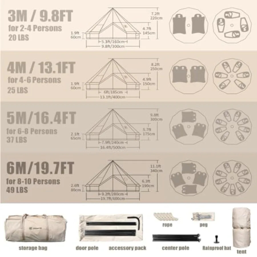 Bell Yurt Tent Waterproof Luxury 4 Season Hot Tent with Stove Jack/Air Conditioner Vents/2 Skylight for Family Outdoor Camping