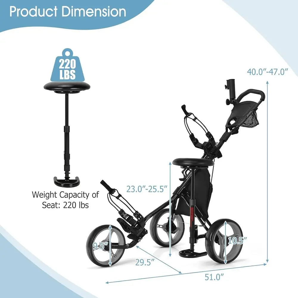 Lightweight Foldable 3-Wheel Golf Trolley with Seat, Push/Pull Cart, Foot Brake, Adjustable Umbrella Holder, 4 Height Positions