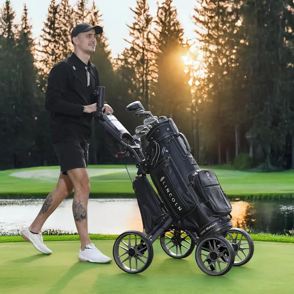 4 Wheel Golf Push Cart: Lightweight Compact Folding Golf Trolley, Pull Behind Manual Golf Caddy with Cup, Phone & Umbrella