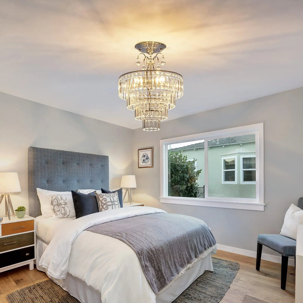 Modern Silver Crystal Ceiling Light, Dimmable K9 Crystal Ceiling Light- Living Room/Bedroom/Kitchen Island/Hallway/Dining Room