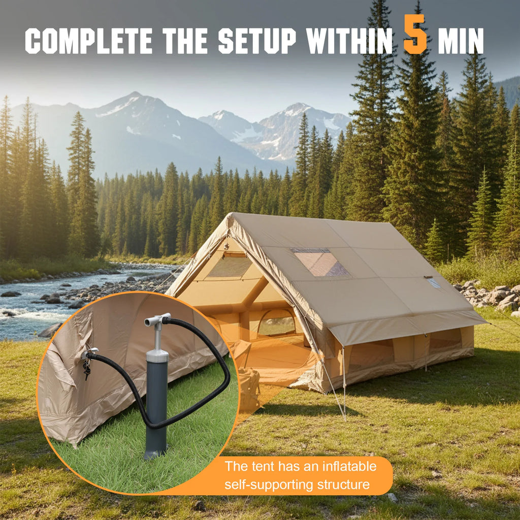 Inflatable Camping Tents with Mesh Windows & Pump 4 Season Big House 130 Square Feets with Stove Jack for Outdoor Hiking Camping