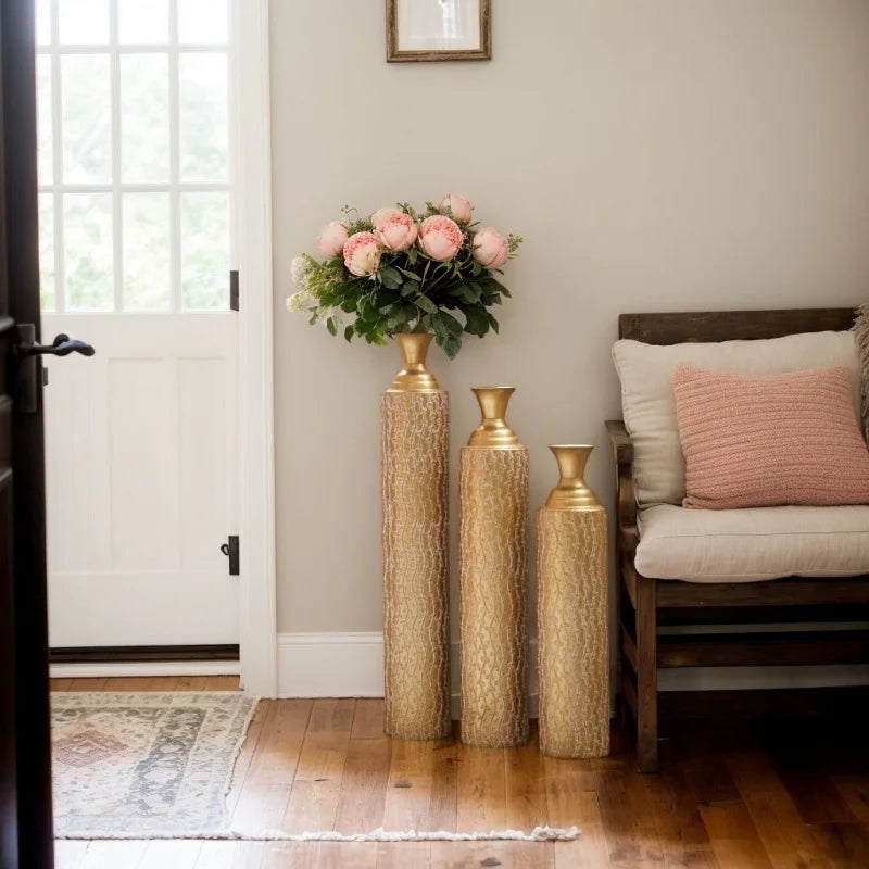 High Distress Gold Metal Decorative Vases 3-Piece Vine Patterned Home Decor Living Room Centerpieces 34\" 29\" 25\" Set USA