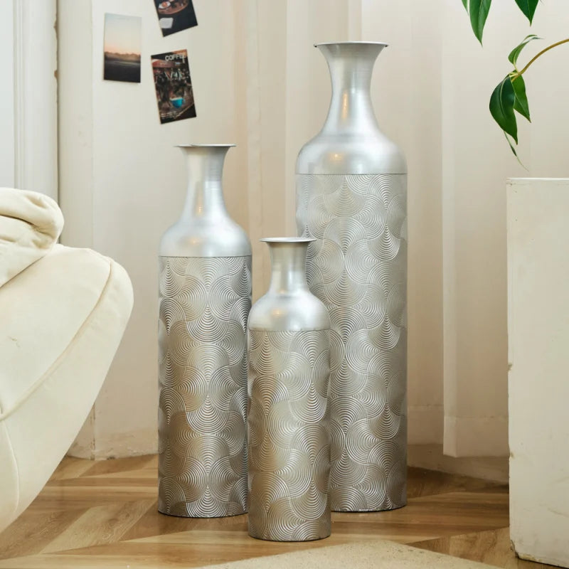 Large Size Modern Set Of 3 Silver Metal Floor Vases Tall Cylinder Wave Pattern Home Decor For Living Room Shipping From The USA