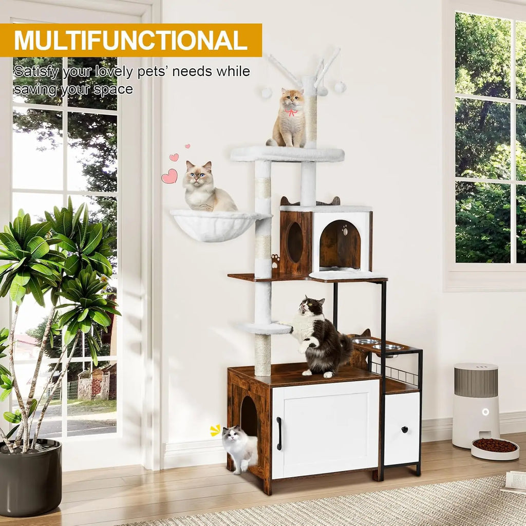 3-in-1 Cat Tree with Hidden Litter Box, 67-inch Tall Cat Tower for Indoor Cats, Includes Condo and Feeding Station