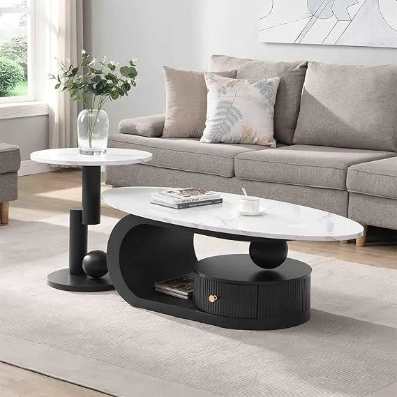 2 Piece Living Room Set, Modern Nest Coffee Table Set of 2, Faux Marble Tabletop Oval Coffee and End Table Set with Gold Iron Ge