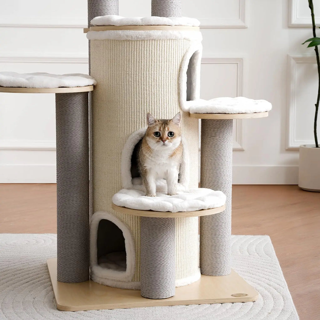 63 Inches Castle for Indoor Cats, Tall Wood Cat Tree with Hanging Toys, Solid Tower with Scratching Post, Cat, Customized