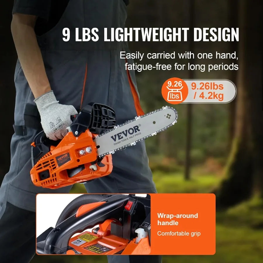 25.4 CC 2Cycle Top Handle Gas Powered Chainsaw 12 Inch Petrol Handheld Cordless Chain Saw for Tree Wood Cutting