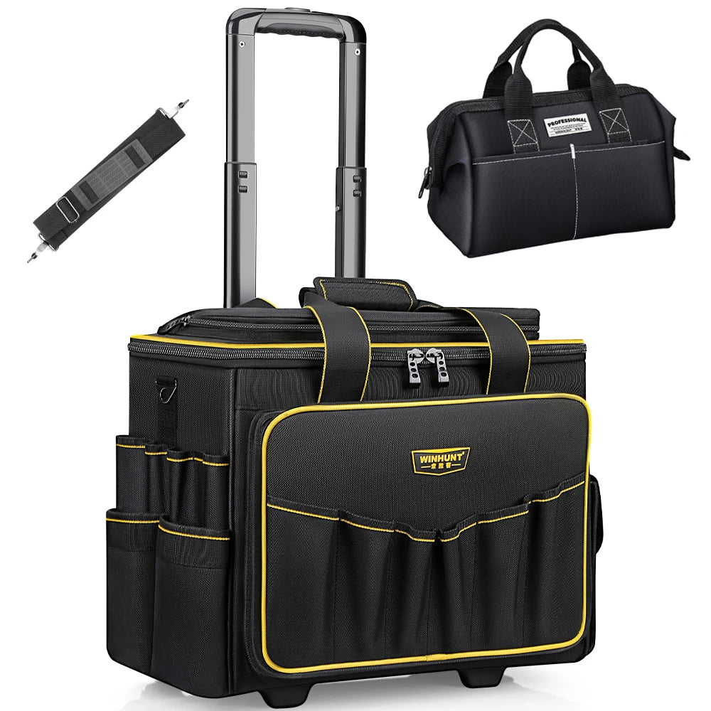 WINNHUNT 18inch Wide Mouth Rolling Tool Bag, 32 Pocket Tool Trolley Bag with Telescopic Handle and 2 Wheels, Black