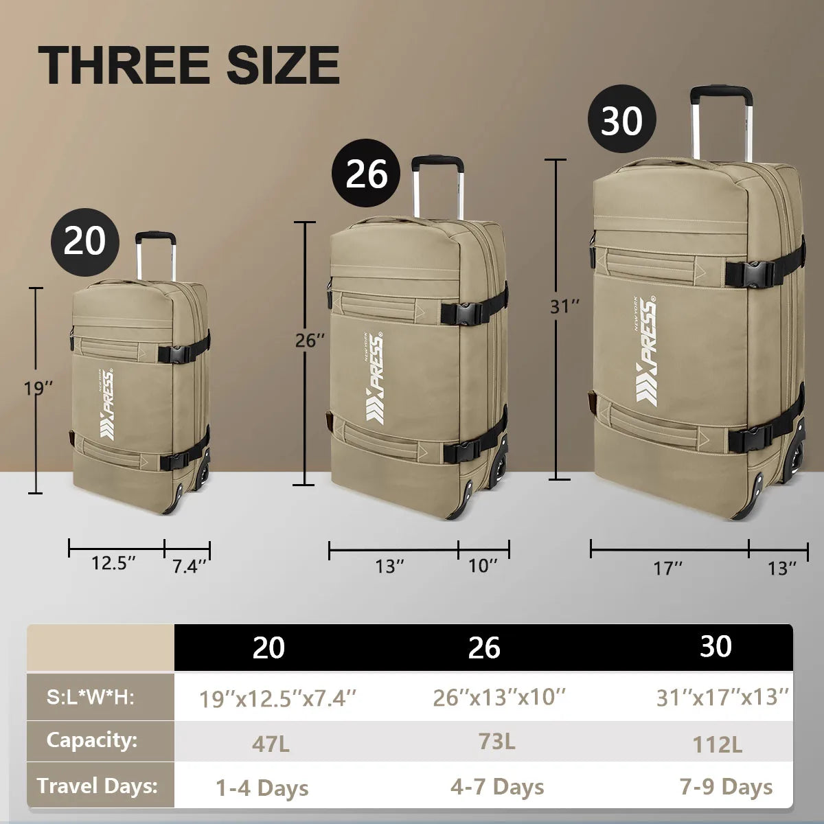 20"/26"/30" Waterproof Rolling Duffel Set 3pcs Softside Luggage Trolley Travel Bag Luggage Set for Adventure & Business Trip