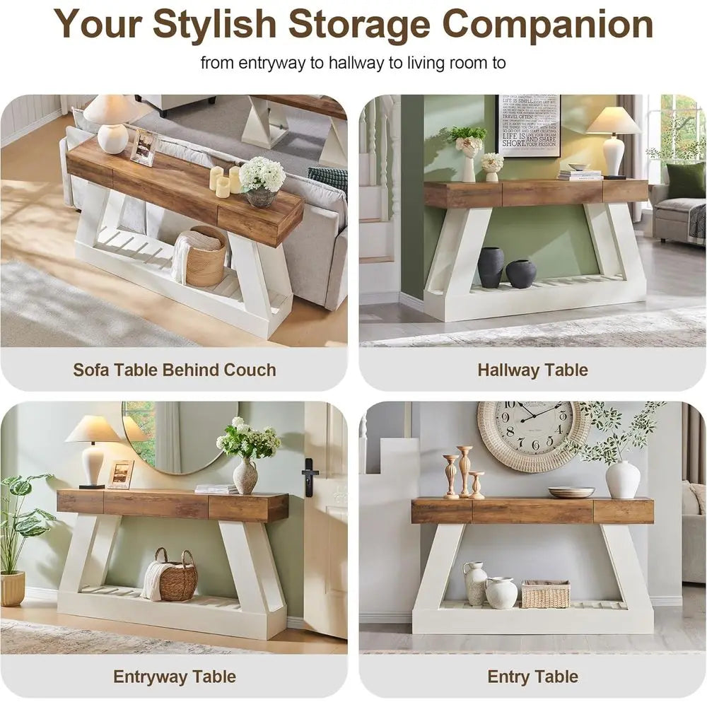 60 Antique White Armhouse Console Table for Narrow Entryways, Behind Sofa in Living Rooms and Halls