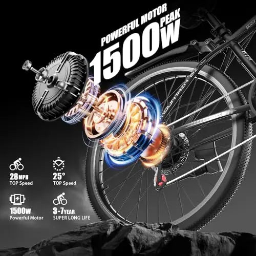 Electric Bike for Adults, 26'' 1500W Peak Ebike, Up to 65 Miles 28MPH Electric Mountain Bike with 48V 10Ah Removable Battery