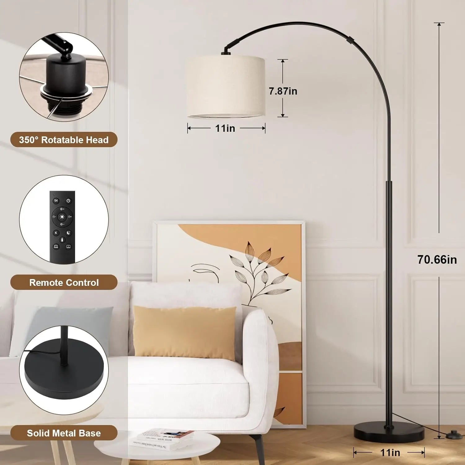 70" Dimmable Arc Floor Lamp with Remote, Adjustable Color & Brightness, Rotating Head for Living Room